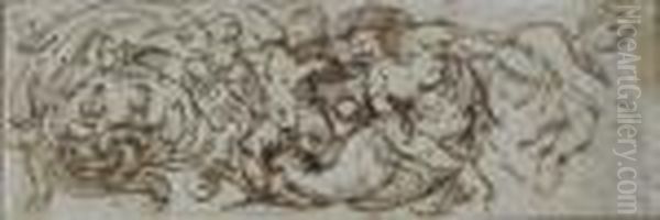 A Design For A Frieze With Putti And Other Figures Oil Painting by Giulio Romano