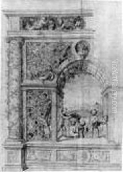 Putti Harvesting Grapes From A Vine Under An Arch Decorated With Abust Of A Woman Oil Painting by Giulio Romano