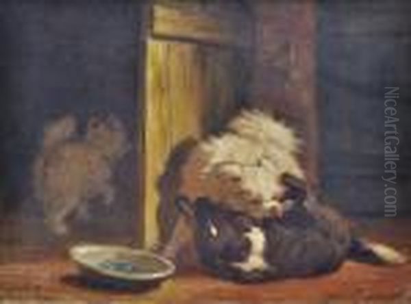 Small Dogs Wrestling (while Another Steals The Bone) Oil Painting by Henriette Ronner-Knip