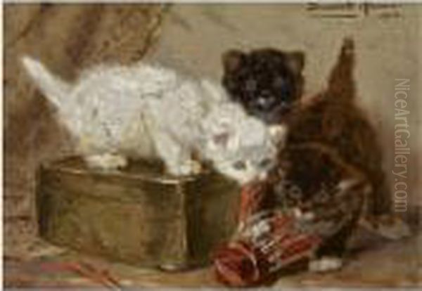 Kittens Playing With A Shuttle Oil Painting by Henriette Ronner-Knip