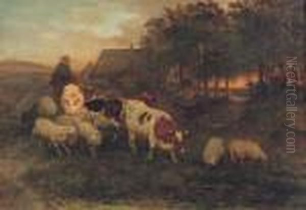 A Herdsman And Cattle In A Brabantine Landscape Oil Painting by Henriette Ronner-Knip