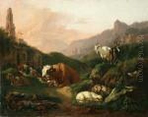 Sudliche Gebirgslandschaft Mit 
Lagernder Viehherde Und Schlafendem Hirten. Ol Auf Leinwand (doubliert).
 H 33; B 42 Cm. Gutachten E. Bernt (