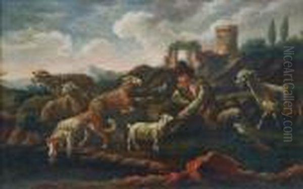 Hirte Mit Herde Vor Einer Ruinenlandschaft Oil Painting by Philipp Peter Roos