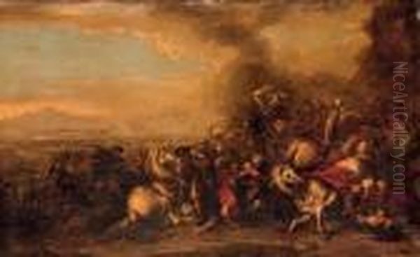 A Cavalry Skirmish In An Extensive Valley Landscape Oil Painting by Salvator Rosa