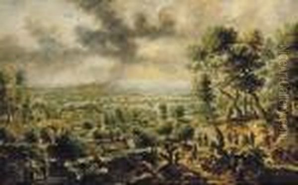 An Extensive River Landscape With Figures On A Track, A Town Nearby And Montains Beyond Oil Painting by Peter Paul Rubens