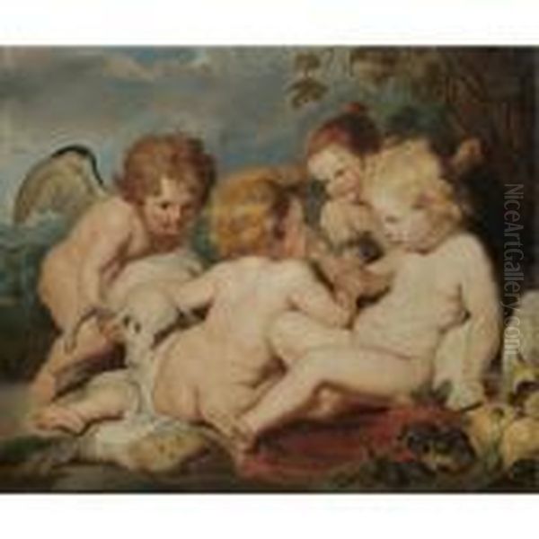 The Christ Child With The Infant Saint John The Baptist And Putti In A Landscape Oil Painting by (studio of) Rubens, Peter Paul