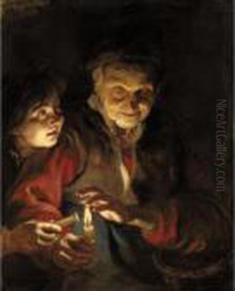 A Night Scene With An Old Lady 
Holding A Basket And A Candle, A Young Boy At Her Side About To Light 
His Candle From Hers Oil Painting by (studio of) Rubens, Peter Paul
