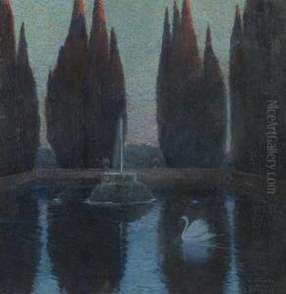 Villa D'este Roamn Gardens Oil Painting by Bronislawa Rychter-Janowska