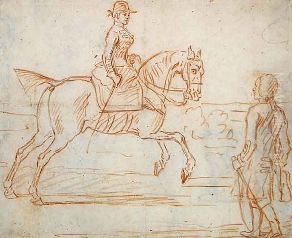 A lady riding side-saddle turns to look at a dismounted rider 2 Oil Painting by James Seymour