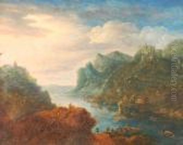 A Landscape Withboats On A Riverbank Oil Painting by Herman Saftleven