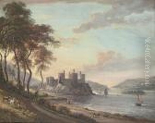 Conway Castle, North Wales, With Figures In The Foreground And Shipping Beyond Oil Painting by Paul Sandby