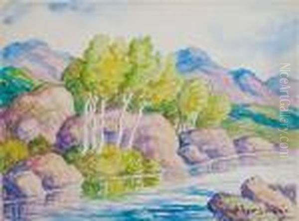 Sandzen, , Aspens By A Lake Oil Painting by Sven Birger Sandzen