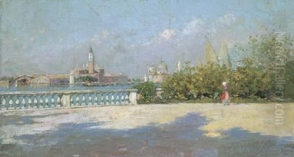 A Sunlit Park Facing The Church Of San Giorgio Maggiore Oil Painting by Rubens Santoro