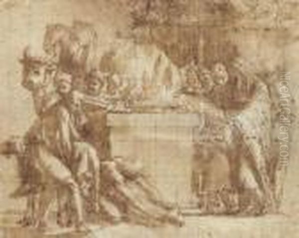 A Pagan Sacrifice With Figures Bringing Rams To An Altar Oil Painting by Raphael