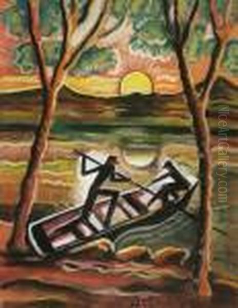 Csonakban Oil Painting by Hugo Scheiber