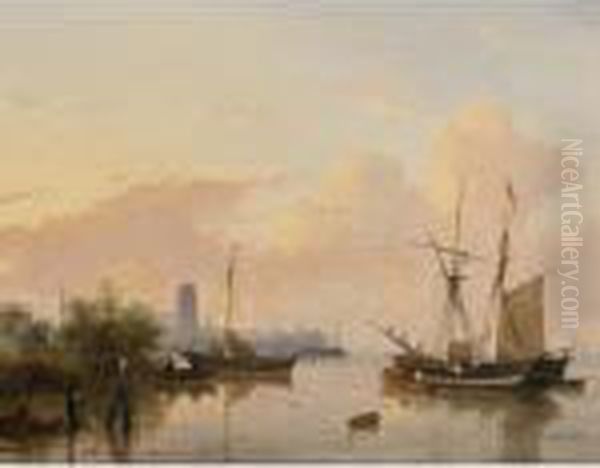 Ships On A River Near Dordrecht Oil Painting by Andreas Schelfhout