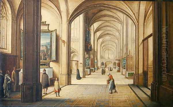 Church interior with a sacristan showing a painting to visitors, 1608 Oil Painting by Hendrick van, the Younger Steenwyck