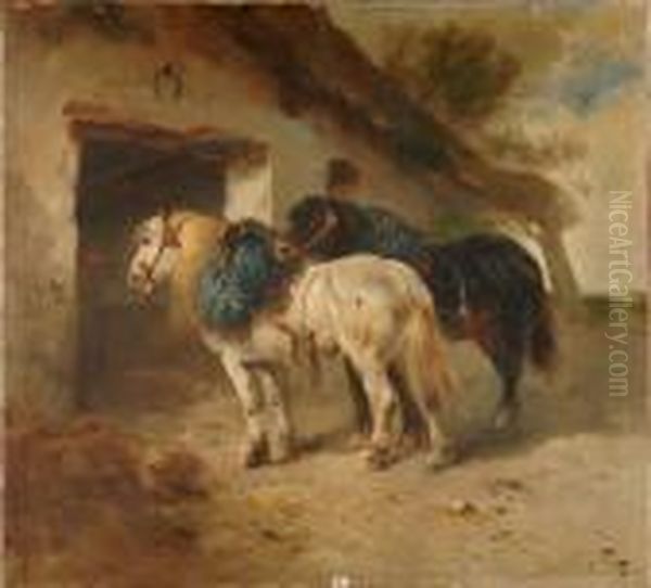 Deux Chevaux Arnaches Devant L'ecurie Oil Painting by Henry Schouten