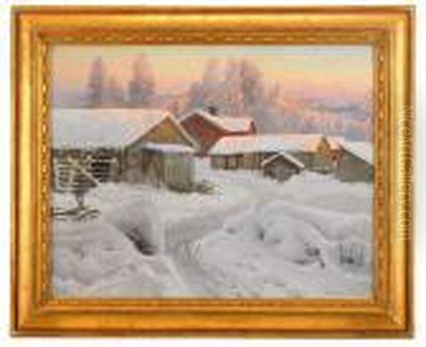 Aftonrodnad Over Norrlandsk Gardsmiljo Oil Painting by Anshelm Schultzberg