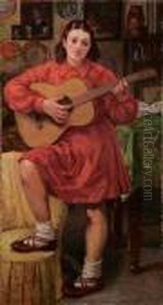 Ragazza Con La Chitarra Oil Painting by Eugenio Scorzelli