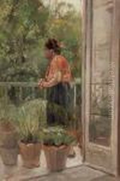 Ritratto Della Moglie In Veranda Oil Painting by Eugenio Scorzelli