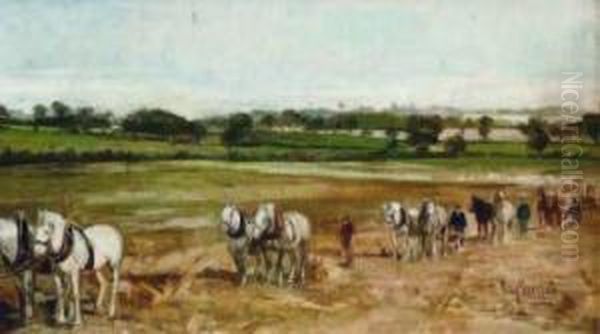 Cavalli In Aratura Oil Painting by Eugenio Scorzelli