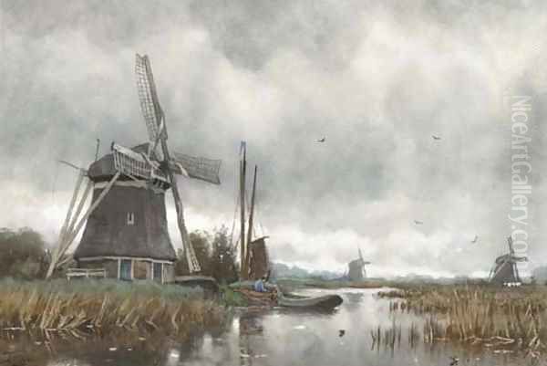 Windmill in a polderlandscape Oil Painting by Petrus Paulus Schiedges