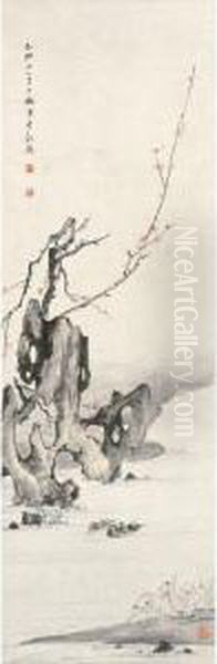 Mandarin Ducks Under Plum Oil Painting by Chen Shaomei