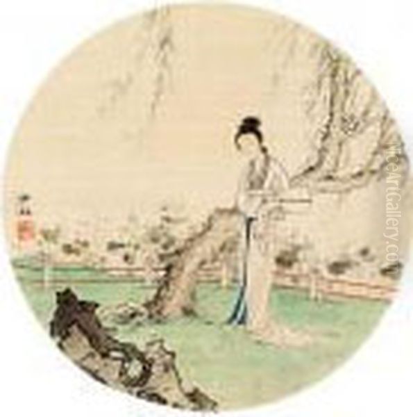 Lady By Lotus Pool Oil Painting by Chen Shaomei