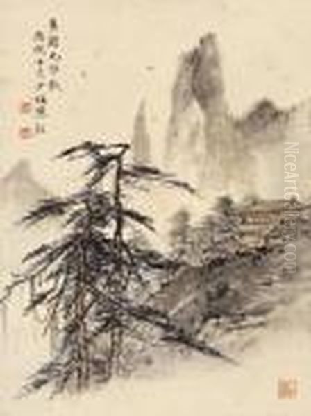 Temple In Mountains Oil Painting by Chen Shaomei