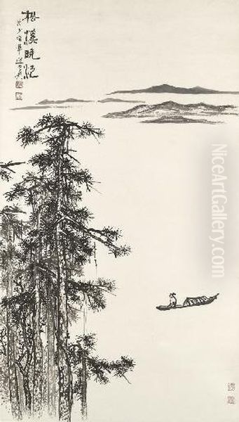 Boating Along The River Oil Painting by Chen Shaomei