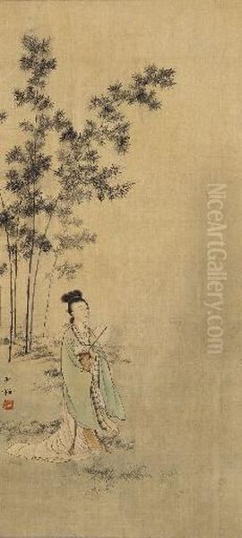 Lady Holding Fan Oil Painting by Chen Shaomei