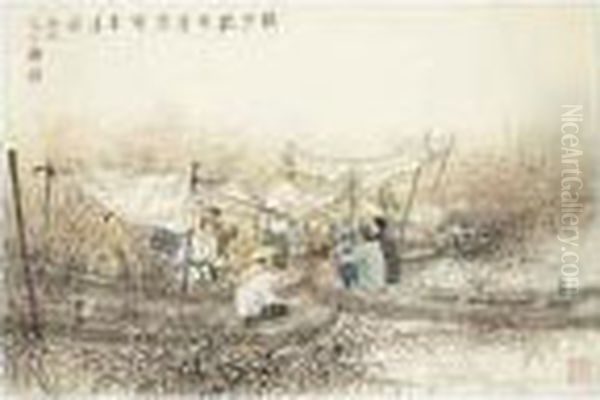 Fishermen Resting By The Bank Oil Painting by Chen Shaomei