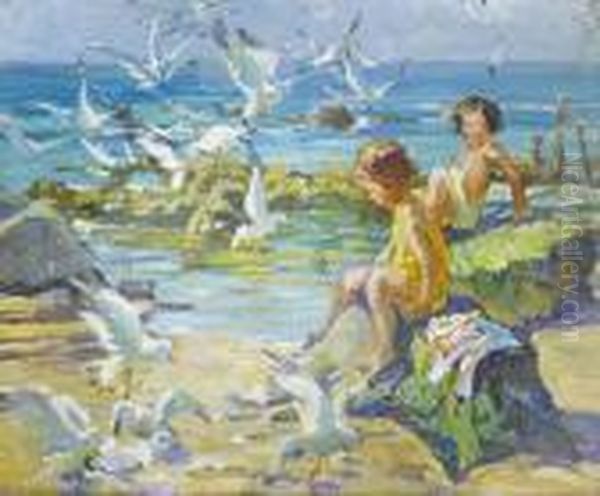 Children Playing On The Rocks With Gulls Oil Painting by Dorothea Sharp