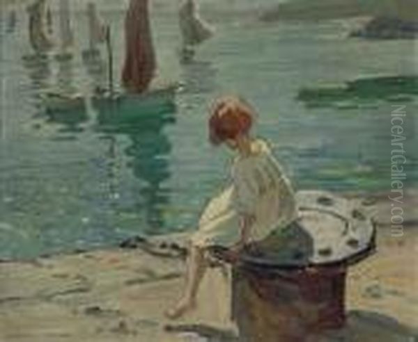 A Girl On A Sunlit Quayside, St. Ives Oil Painting by Dorothea Sharp