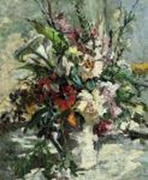 Calla Lilies, Poppies, 
Foxgloves, Cornflowers, Ferns And Otherblooms In A White Vase On A Table Oil Painting by Dorothea Sharp