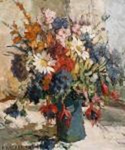 Still Life Of Mixed Flowers In A Bluevase