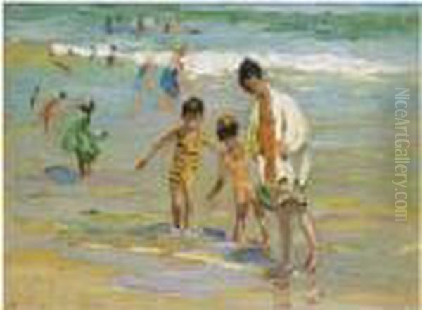 Children Paddling On The Beach At Porthmeor Oil Painting by Dorothea Sharp