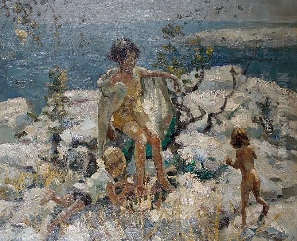 Three Children On The Rocks Oil Painting by Dorothea Sharp