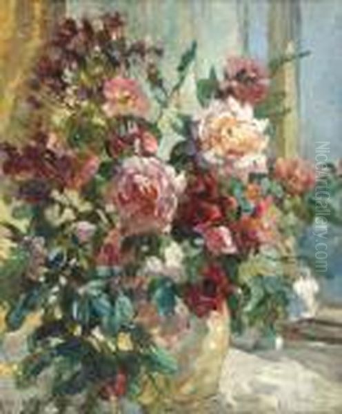 Vase Of Roses In A Sunlit Window Oil Painting by Dorothea Sharp