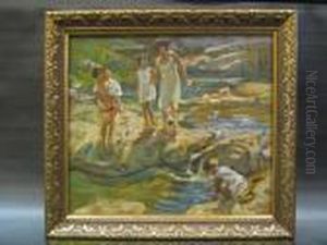 Rba, Roi Girls & Children Oil On Panel, Signed With Initials 30cm X 33cm