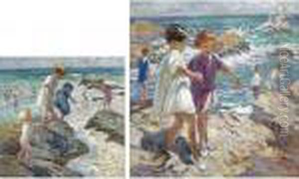 Children On The Rocks (verso); Treading Carefully (recto) Oil Painting by Dorothea Sharp