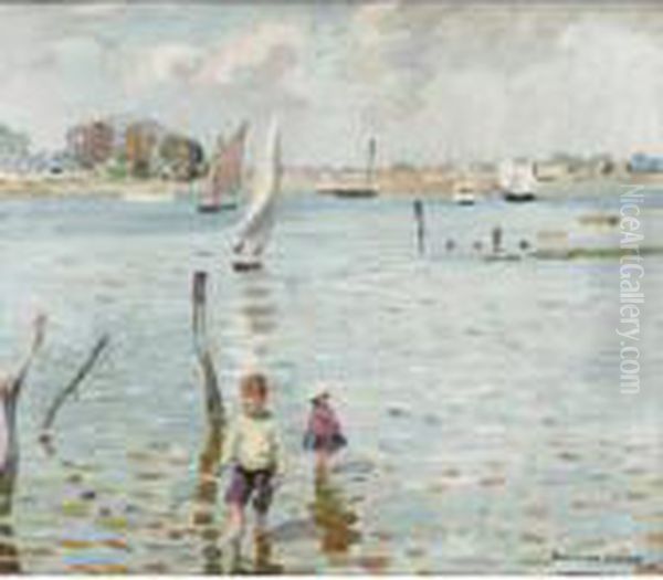 Children Paddling At Bosham, West Sussex Oil Painting by Dorothea Sharp