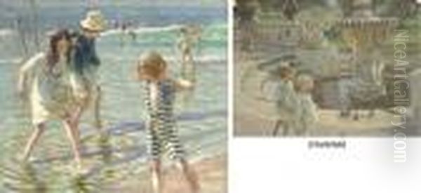 Children Paddling On The Beach Oil Painting by Dorothea Sharp