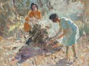 Two Women Tending A Bonfire