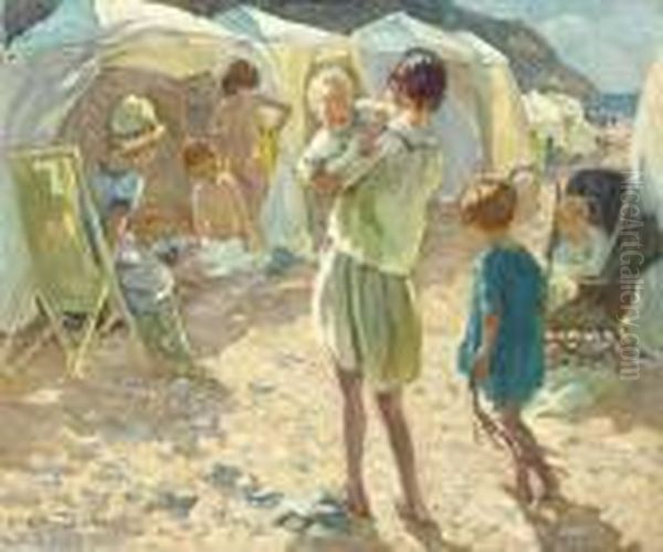 By The Beach Tents, Summer Oil Painting by Dorothea Sharp