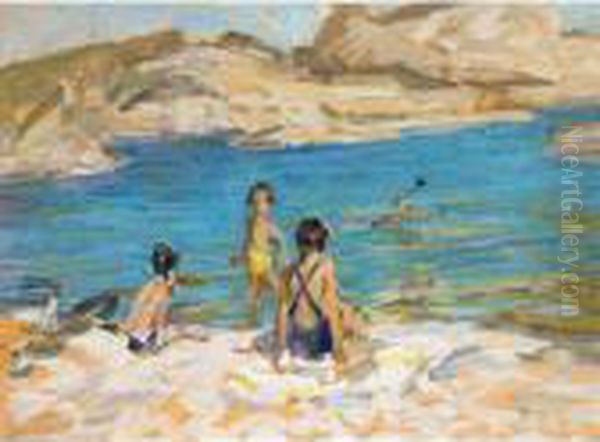 Bathers At Cassis; The Green Bathing Suit; Testing The Water Oil Painting by Dorothea Sharp