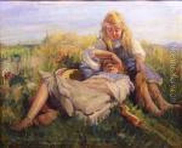 Twogirls Resting On A Grassy Bank Oil Painting by Dorothea Sharp