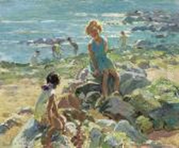 Children Sitting On The Rocks, Recto; Trees On A Shoreline, Verso Oil Painting by Dorothea Sharp