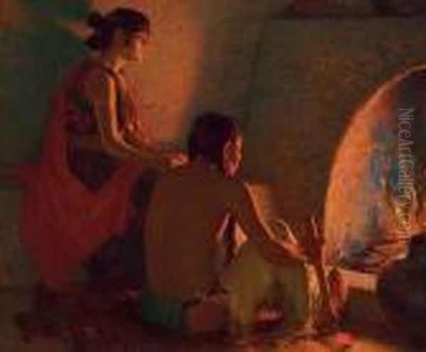 Fireside Oil Painting by Joseph Henry Sharp